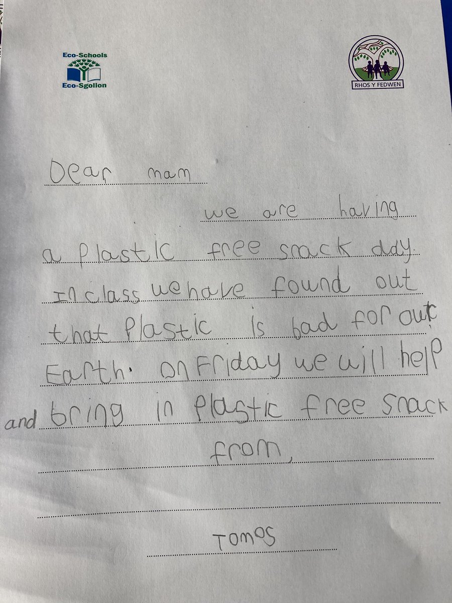 RyfMelyn21's tweet photo. Our letters home to our Mums explaining all about our #PlasticFreeSnackDay on Friday 26th March. We are using our voice to make a change @rhosyfedwen #RyfArticle6 #RyfArticle12 πππππ #LeavePlasticAtHome @InspireUglobal @EcoSchools_TW https://t.co/HqCYTMwgrX