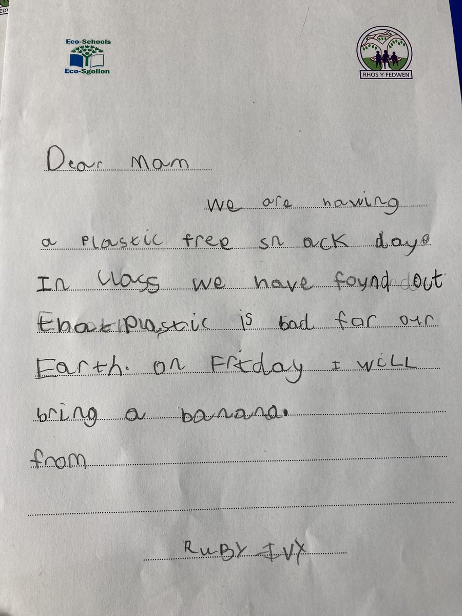 RyfMelyn21's tweet photo. Our letters home to our Mums explaining all about our #PlasticFreeSnackDay on Friday 26th March. We are using our voice to make a change @rhosyfedwen #RyfArticle6 #RyfArticle12 πππππ #LeavePlasticAtHome @InspireUglobal @EcoSchools_TW https://t.co/HqCYTMwgrX