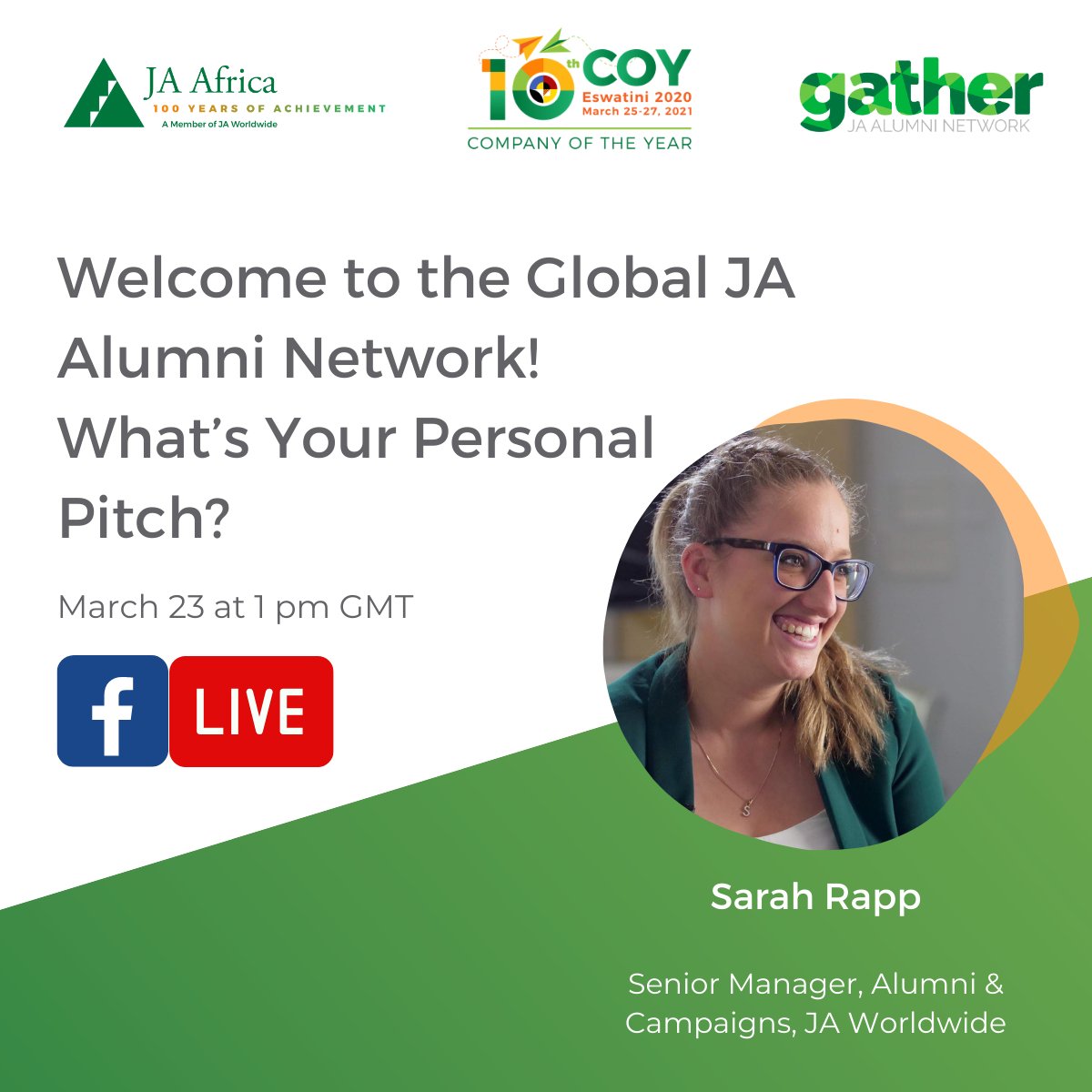 Starts in one hour! Join us at 1 pm GMT for this webinar, facilitated by Sarah Rapp, Senior Manager, Alumni &amp; Campaigns at <a href="/JAWorldwide/">JA Worldwide</a> Worldwide, and how to network and make your personal pitch! 

Don't miss this! RSVP here: ow.ly/1mMP50E2rWB

#AfricaCOY20 #WeAreJA