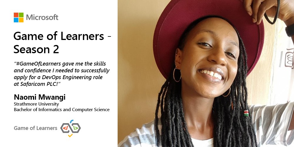 MicrosoftADC's tweet image. Congrats Naomi Mwangi, #GameOfLearners Season 1 alumni on her role as a DevOps Engineer at  @SafaricomPLC! 
“My participation in the program, gave me the skills and confidence I needed to successfully apply for a DevOps role at Safaricom”. 
More here: msft.it/6011VPMCd