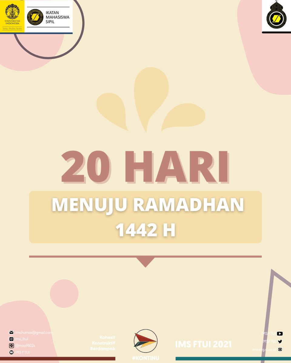 ftuirosil's tweet photo. [H-20 RAMADHAN 1442]

Assalamu'alaikum Warahmatullahi Wabarakatuh, Pagi Sipil!

Wah, tidak terasa nih, 20 hari lagi kita akan bertemu dengan bulan Ramadhan. Apa saja nih yang sudah teman-teman persiapkan untuk Ramadhan tahun ini? https://t.co/qTm2342SJN