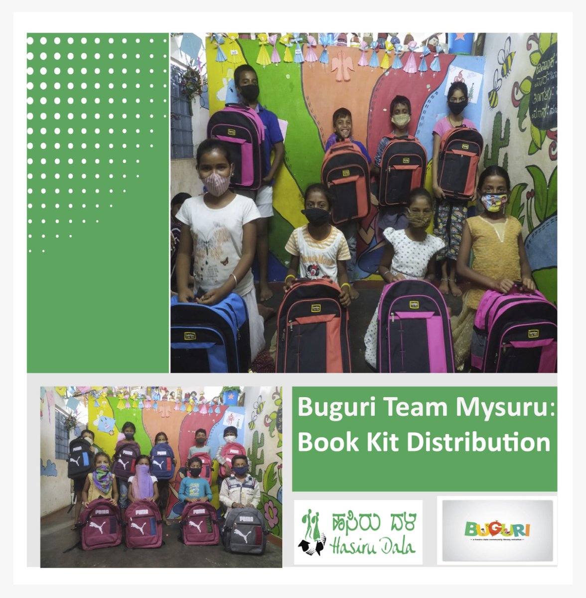Hasiru_Dala's tweet photo. The #Buguri team at Mysuru distributed #school readiness kits to 40 children of #wastepickers, regular members of our community library. The children took an oath to go school regularly and to work with us to encourage children who drop out of school to re-enroll. #ZeroDropOuts https://t.co/ndaIAtoepe