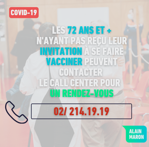 alainmaron's tweet photo. 📢 Vous avez 72 ans et plus et vous n'avez pas encore reçu votre invitation à vous faire #vacciner ? 

📲 Vous pouvez contacter le Call Center pour prendre rendez-vous. Joignable du lundi au vendredi de 9h à 17h30 et du samedi au dimanche de 10h à 17h30 au: 02/214.19.19 https://t.co/WVOEksHCIw