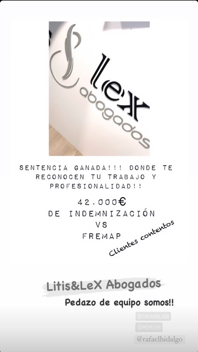Gracias por la confianza de nuestros clientes.
Sentencia favorable con una indemnización justa contra <a href="/Fremap_Mutua/">Mutua FREMAP</a> 
No duden en buscar a las personas adecuadas para que se haga justicia ⚖ 
#seguimoscreciendo #abogados #Sevilla #Litis #Lex #mutua #sanidad #derecho