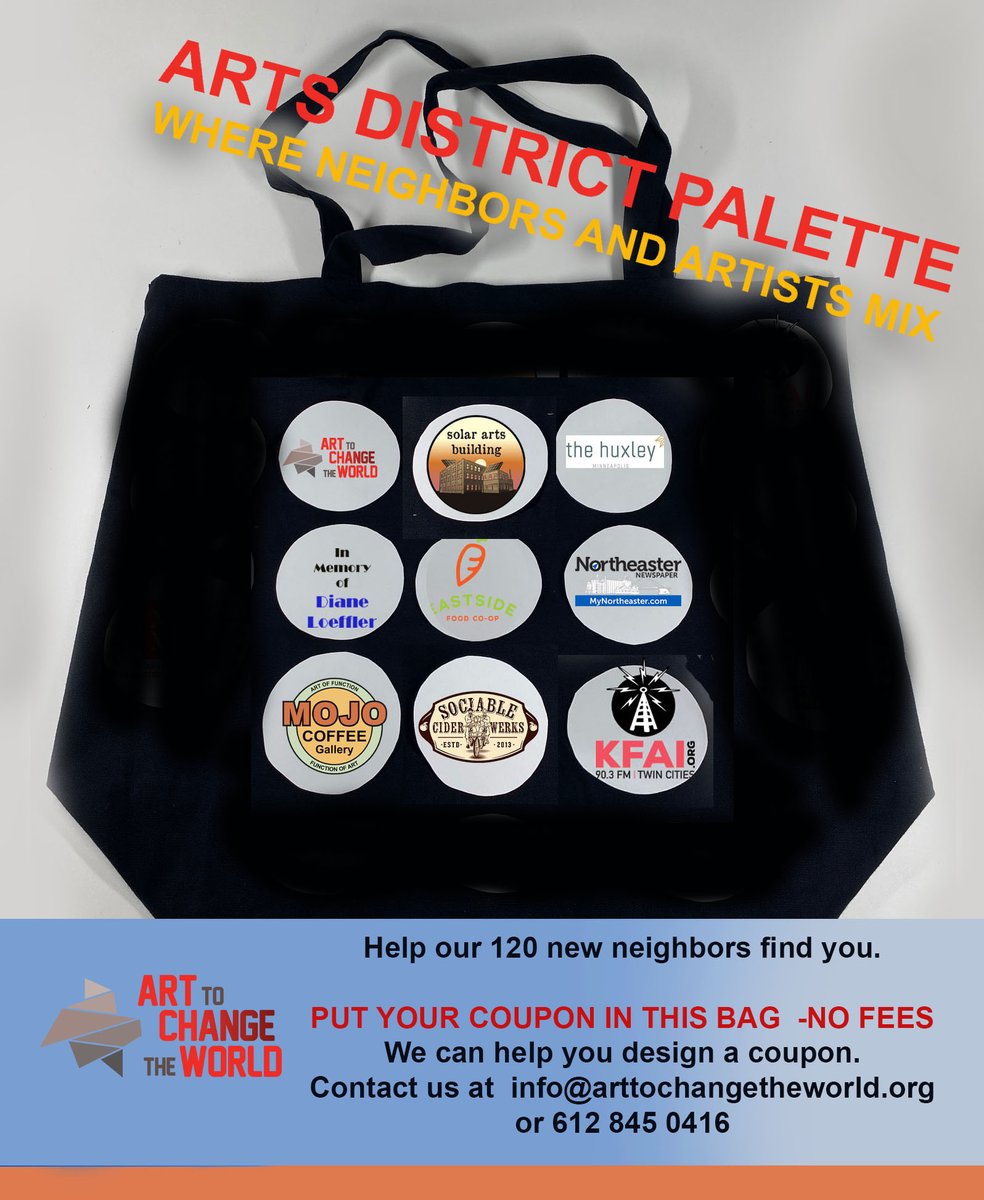 bridgescreate's tweet image. ALL ACW members invited to put coupons or objects in the Arts District Palette Swag Bag! Items and coupons need to be delivered to Layl's studio at 2505 NE Howard St, Minneapolis, MN 55418 by April 15th.   Contctlayl@claysquared.com to let us know you are planning to participate.