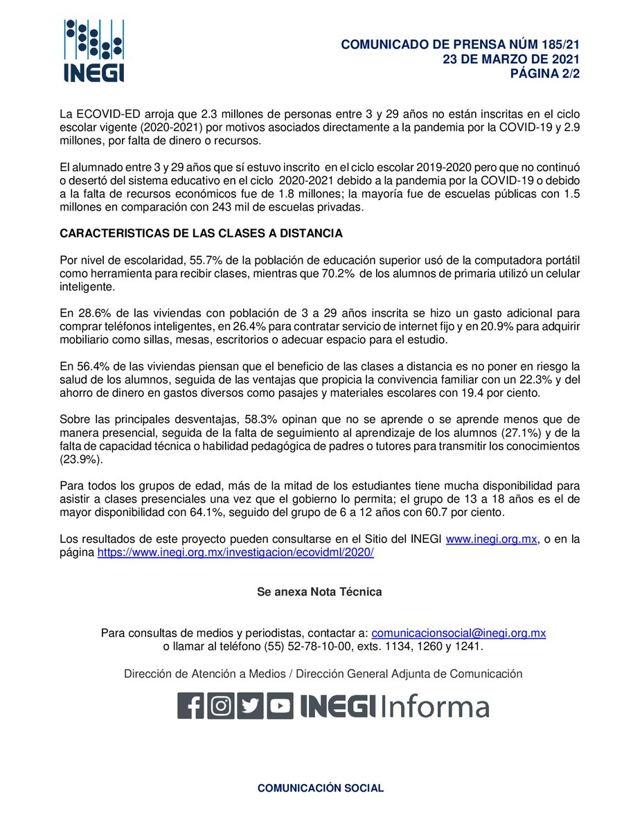 El #INEGI presenta los resultados de la Encuesta para la Medición del Impacto COVID-19 en la Educación (ECOVID-ED) 2020, con información del impacto por la cancelación provisional de clases presenciales en las instituciones educativas del país. bit.ly/3rcboto