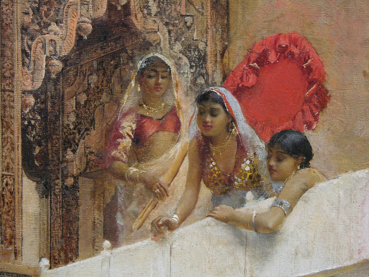 Mounted Arabs In Village? is title is correct? street scene seems from Rajasthan, Jharokha Balcony where women seems to be chatting with horse rider? Oil Painting by Alberto Pasini, 1878