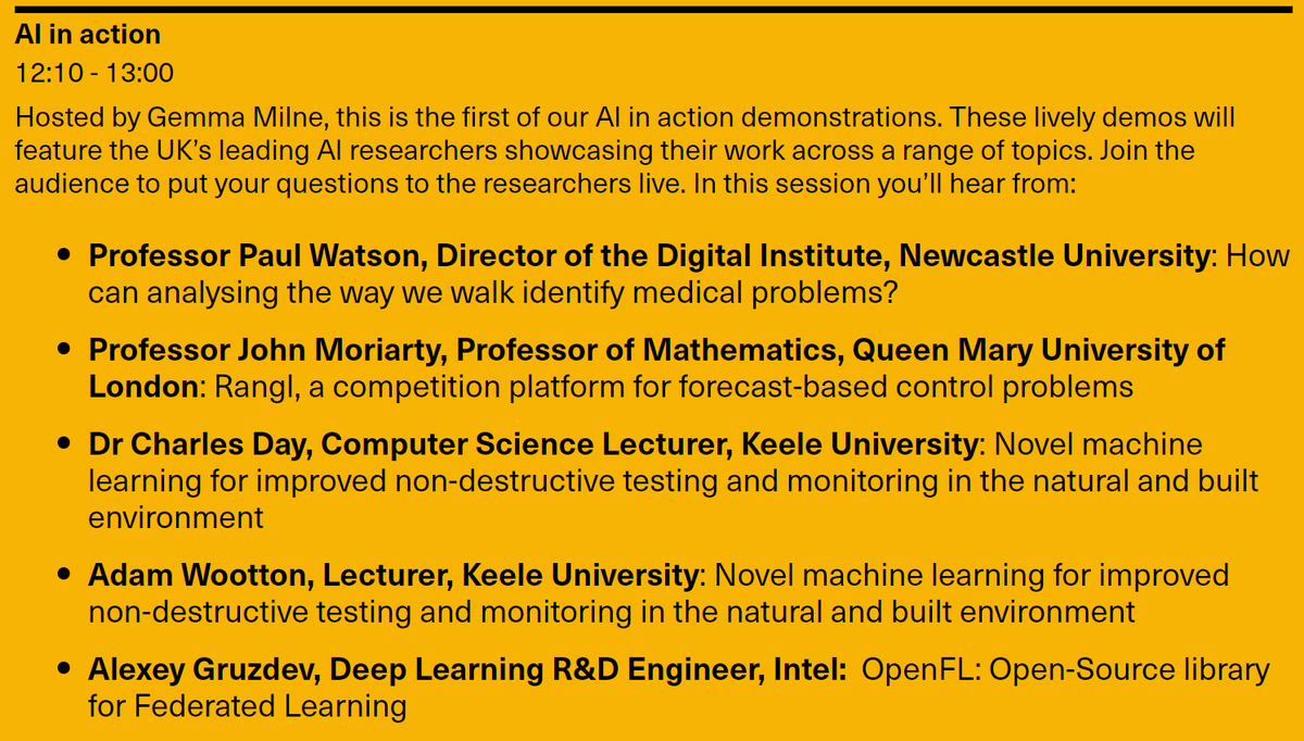 turinginst's tweet photo. #AIUK: Chaired by @gemmamilne, this is the first of our AI in Action demonstrations - lively demos featuring the UK’s leading #AI researchers showcasing their work. Put your questions to the researchers live
Featuring @PaulWatsonNcl (@UniofNewcastle), @Grib0ed0v (@intel) + more https://t.co/upcyASEqIG