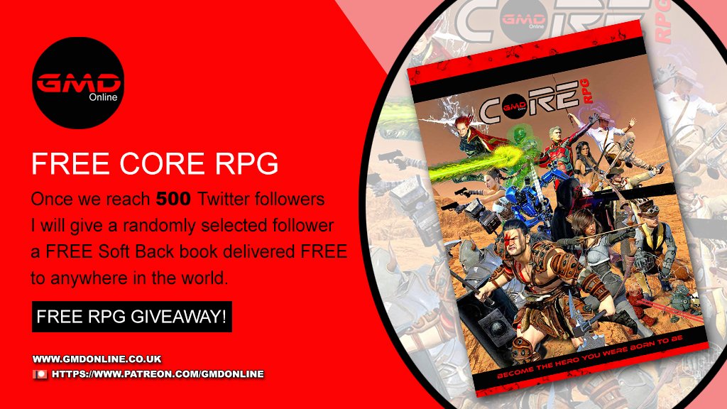 GMDOnline's tweet image. Follow me &amp;amp; earn the chance to win a FREE #CORERPG #Roleplaying #Game Softback sent postage free anywhere in the world! 

Once I reach 500 followers on Twitter I will do a live draw to see who wins a FREE 184-page full-colour #RPG book. Please retweet this!

#Competition #patreon