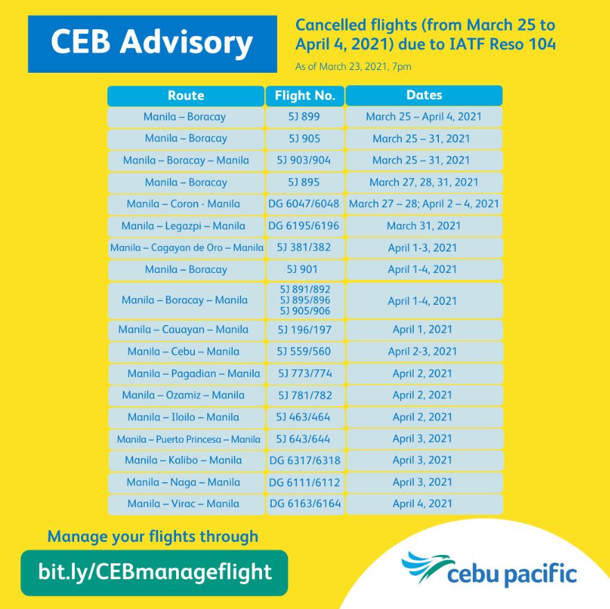 CebuPacificAir's tweet photo. #CEBAdvisory: Flight cancellations following IATF Reso 104 – March 25 to April 04, 2021 
As of 7:00pm, March 23, 2021 https://t.co/nNnQz7Tqmj