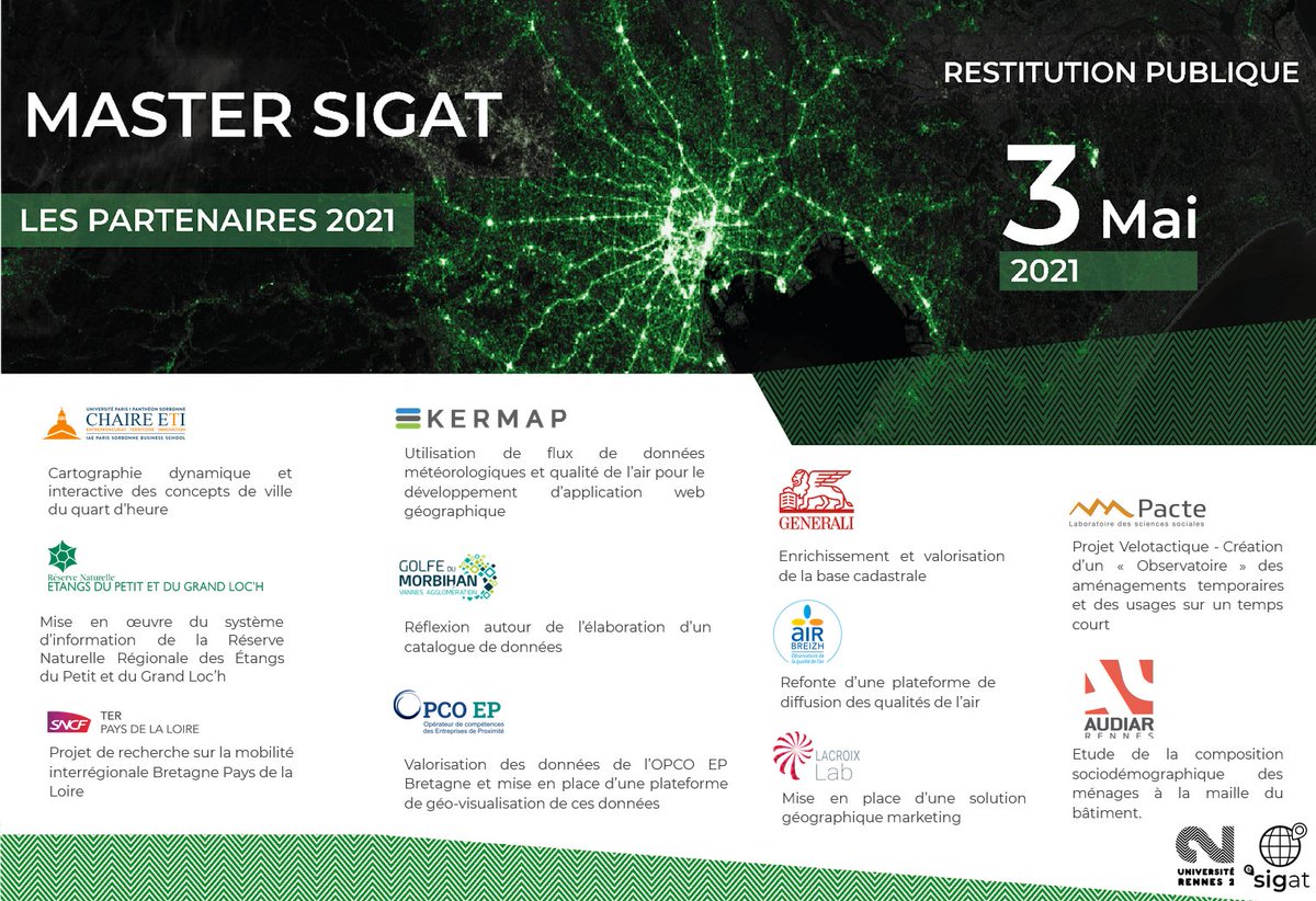 BorisMericskay's tweet photo. ➡Les Restitutions Publiques des ateliers professionnels des étudiants du master #géomatique @E_Sigat de l'@UnivRennes_2 auront lieu le lundi 3 mai.

Plus d'infos à venir les prochains jours (programme, liens,...)

🙏Merci aux partenaires pour leur confiance ! https://t.co/scwN934VZr