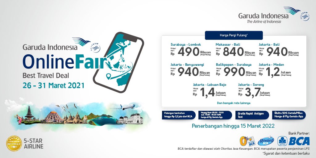 IndonesiaGaruda's tweet photo. Garuda Indonesia Online Travel Fair akan segera hadir pada tanggal 26-31 Maret 2021! 

Dapatkan penawaran perjalanan terbaik penerbangan pulang-pergi dari Jakarta ke Bali mulai dari IDR 940 ribuan, ke Medan mulai dari IDR 1,2 jutaan, ke Labuan Bajo mulai dari IDR 1,4 jutaan. https://t.co/lRMro4anps
