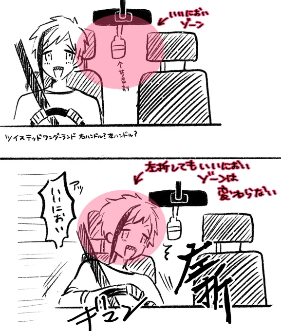 車の芳香剤が左折するとめちゃ香る件、なるほど…なるほど〜!?!?!?そういうことか〜〜!?!?めちゃくちゃ納得しました天才だ…!?つまりこういうことですか!?(違ったらすみません!!!) 