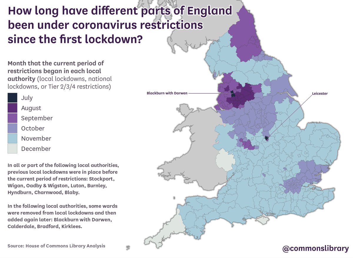 CarlBaker's tweet photo. My colleagues have put together this informative article about one year of coronavirus lockdown laws in England. 

It features this map from me of how long each local authority has been under some form of restrictions since the end of the first lockdown.

https://t.co/nHuL7iwIeW https://t.co/vYHoSQuPoZ