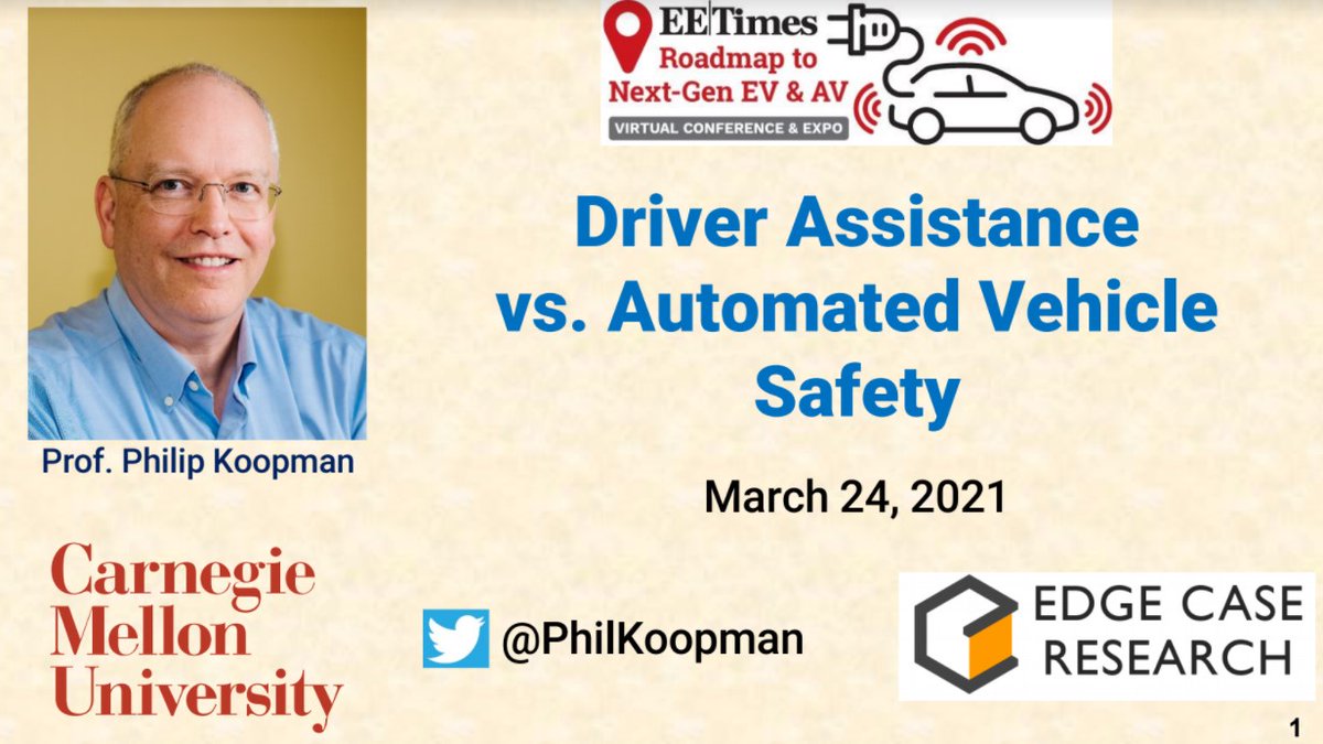 EdgeCaseRes's tweet photo. March 24th at 9:30 AM ET. @PhilKoopman latest talk addresses differences between #ADAS vs. #AV w/ a deeper dive into the our Vehicle Automation Modes. Register: https://t.co/7dtu6Yqrze #VehicleAutomationModes #Selfdrivngsafety #automatedvehicles #autonomousvehicles #safety https://t.co/PtxeL28Qbz