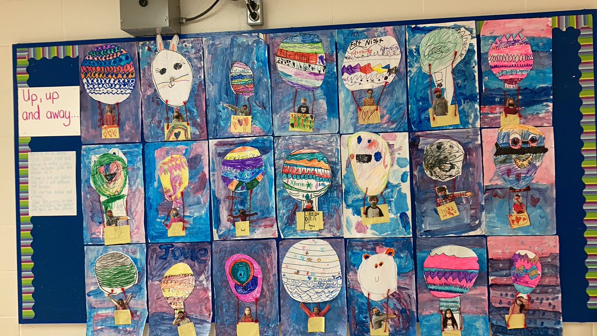 Grade 1-2 artists were at work again, making hot air balloons with a picture of themselves in them. Amazing work boys and girls!