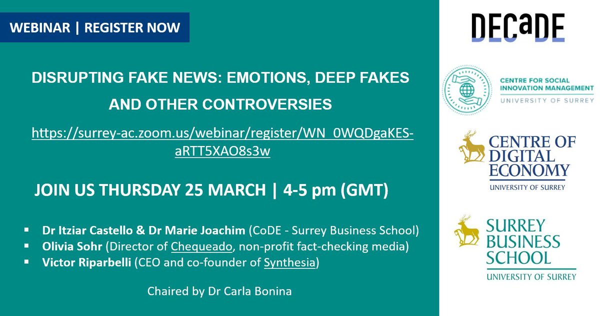 SurreyCoDE's tweet photo. Don't forget to register for our next webinar on Disrupting Fake News!! This Thursday at 4pm GMT

Registration ---> https://t.co/vF9HeWpo35 https://t.co/Qb3O91Pbss