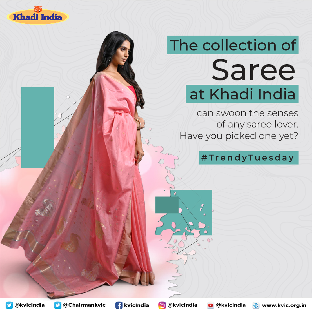kvicindia's tweet photo. Dazzle the world in the grace and elegance of the six yard from #KhadiIndia. Visit your nearest Khadi Bhavan or you can choose from a mélange of products that are exquisite and premium from https://t.co/g7rimvKQGB as well.

#OnlineShopping #Khadi #VocalForLocal https://t.co/jDtqvfaOob