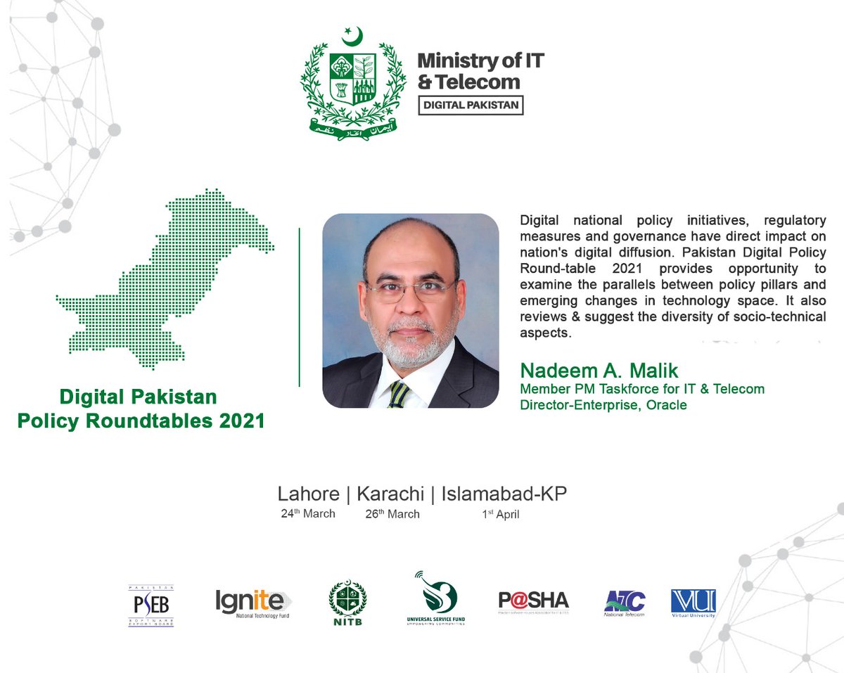 MoitOfficial's tweet photo. Digital Pakistan Policy Roundtables 2021- #MOITT 

"...Roundtable 2021 provides opportunity to examine the parallels between Policy pillars &amp; emerging changes in tech space..." (Nadeem A. Malik , Director-Enterprise Oracle)

#DigitalPakistan #DigitalPakistanPolicy2021 #ICT https://t.co/t9rcX7qO4y