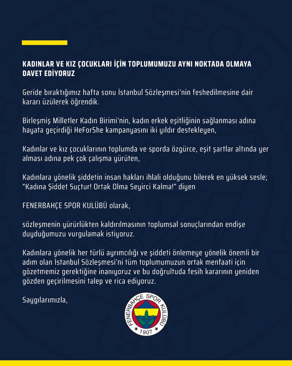 ipekmuhendslik's tweet photo. Toplumun tüm kesimlerini birebir ilgilendiren ve bu denli hassas bir konuda  @Fenerbahce' mizin açıklamalarını desteklediğimizi bildirmek isteriz . 
#istanbulsozlesmesiyasatir 
#KadinaSiddeteHayır 
#KadınCinayetleriPolitiktir https://t.co/LmhZHIuCEH