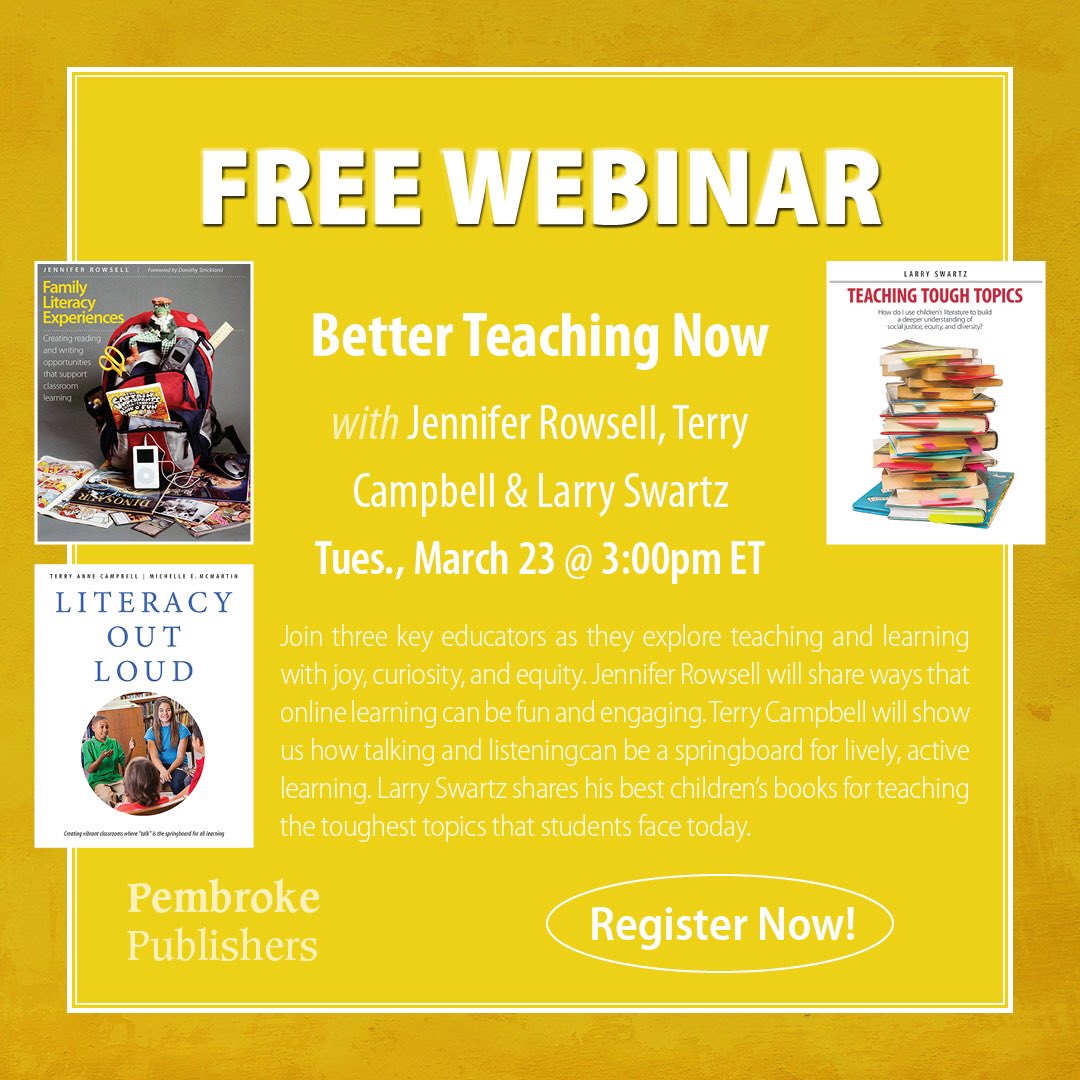 PembrokePublish's tweet photo. It’s not too late to join us for today’s FREE #webinar! Explore the joys and challenges of teaching with @larryreads , @drjenrowsell &amp; @TerryACampbell1 — get all the details &amp; register: https://t.co/g54vqzOYNT
#edchat #profdev #onlinelearning https://t.co/mcMVr4CIdU