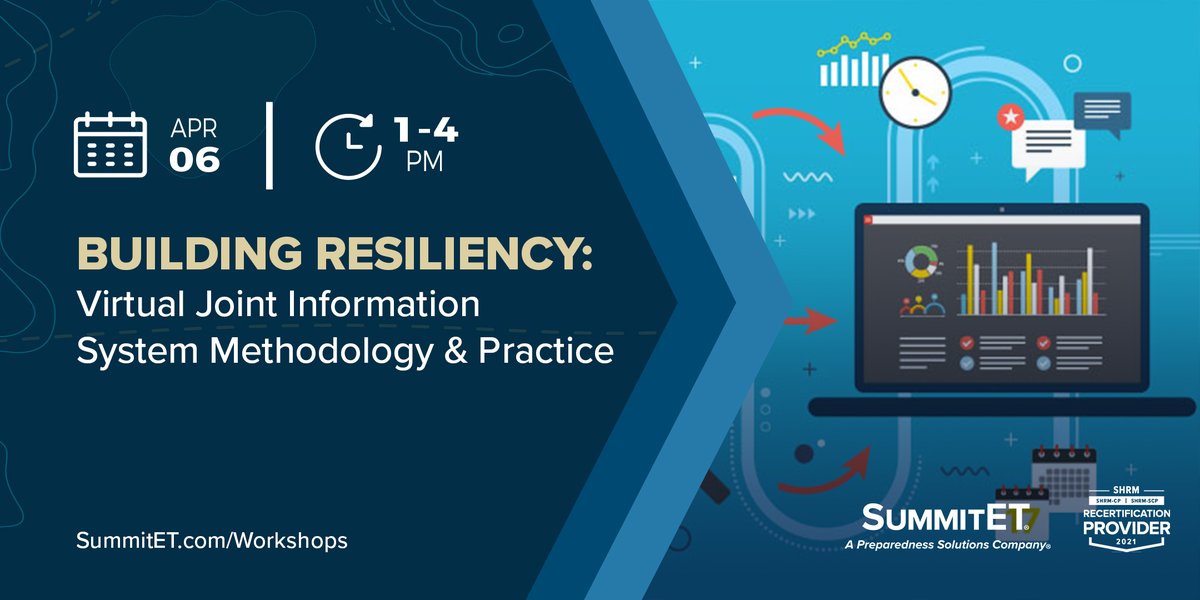 SummitET's tweet photo. This 3-hour #workshop will help you build community and communications resiliency.
https://t.co/WCgSFdXxyN
#SHRMCertification #SHRM #ContinuedEducation #CommunicationsTraining #CrisisManagement #StrategicCommunications #JointInformationSystem #JIS https://t.co/GSPplcB4L1