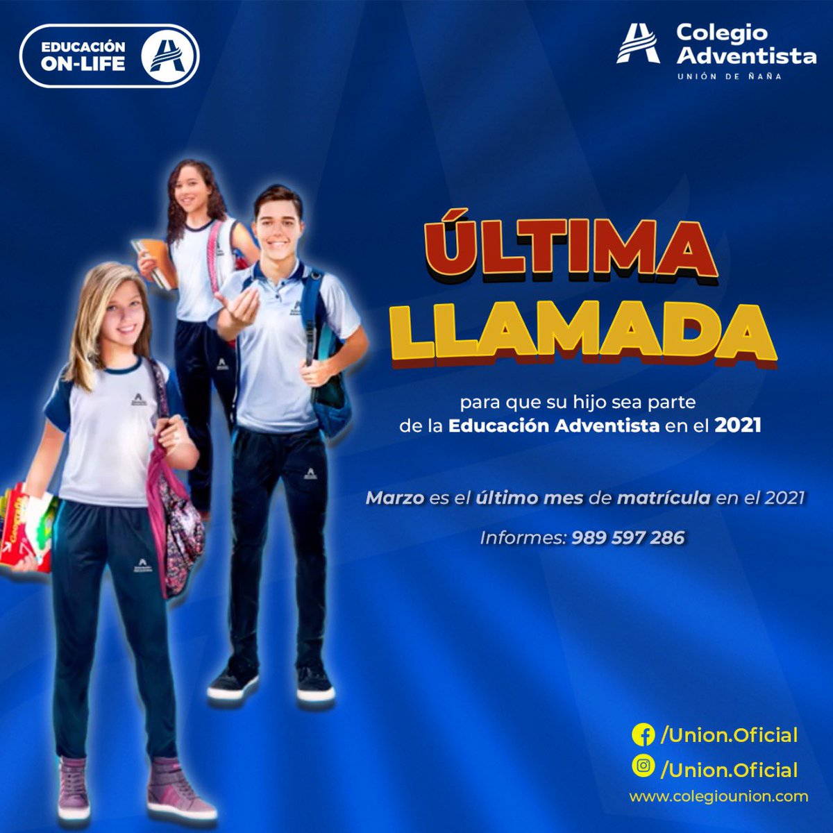 ColegioUnion's tweet photo. ⚠ 𝐈𝐌𝐏𝐎𝐑𝐓𝐀𝐍𝐓𝐄 ⚠

¡Última llamada! para que tu hijo sea parte de la Educación Adventista en el Colegio Unión de Ñaña este año 2021 🤗

Informes al📱989597286

#ColegioUnión #EducaciónAdventista #MásQueEnseñanza https://t.co/ATR95sy5Mw
