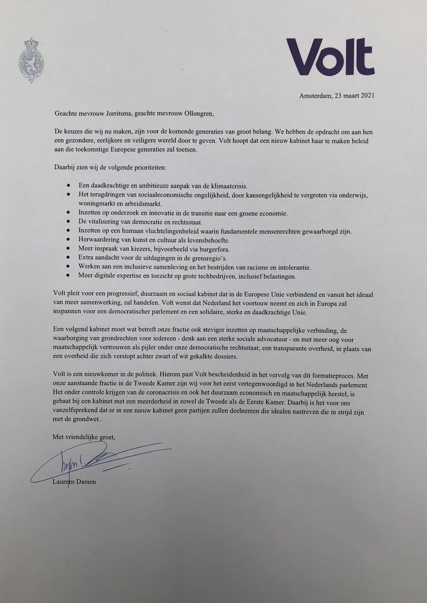 Een progressief, duurzaam en sociaal kabinet dat in de Europese Unie verbindend en vanuit het ideaal van samenwerking zal handelen. 

Lees onze brief aan de verkenners👇