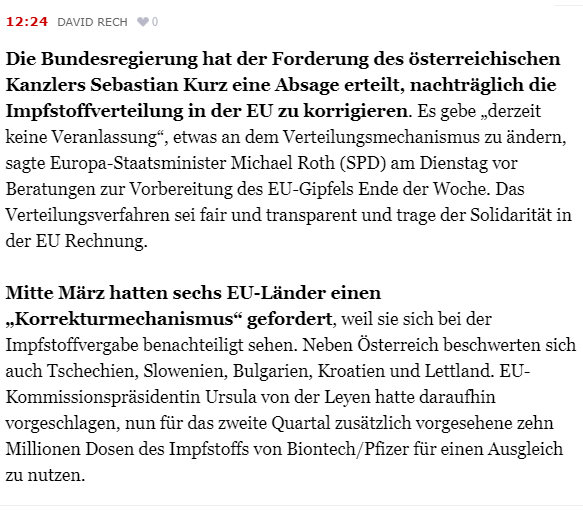 JanisTeresko's tweet photo. Ne pārāk labas ziņas. Vācijas valdība neatbalsta Austrijas ierosināto vakcīnu pārdali par labu Austrumeiropas duraciņiem, kas nejēdza pasūtīt. Leiena gan it kā solīja https://t.co/3hIYR6saaQ https://t.co/Wq3GyPRHXp