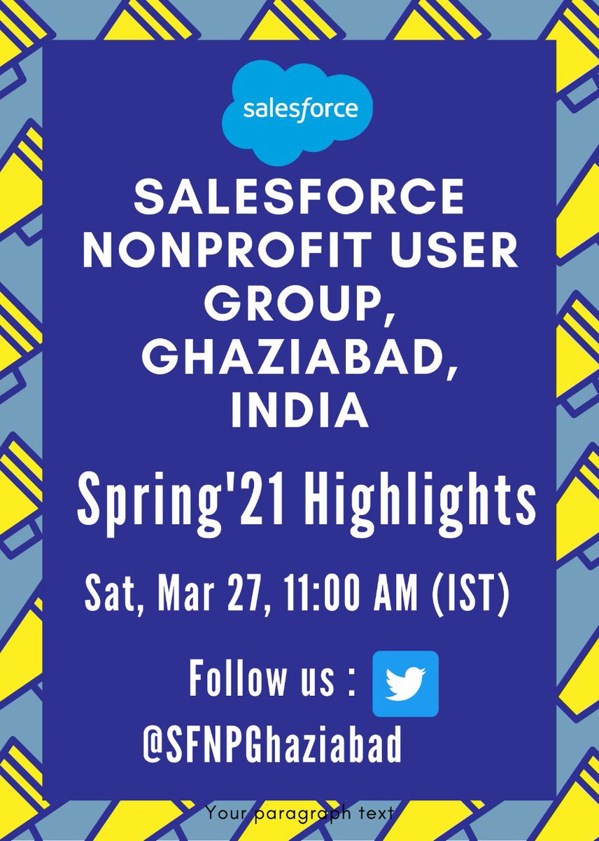 Sudharsancsk67's tweet photo. Salesforce Nonprofit User Group, Ghaziabad, India presents SPRING 21 HIGHLIGHTS 🌩⚡️on Mar 27, 11 AM (IST). 4 days to go 🌩  Register Soon

@salesforce @trailhead  @SFNPGhaziabad @anant_maks @gauravkala07 #India #Salesforce #Trailblazer https://t.co/QMBUuHrLlE
