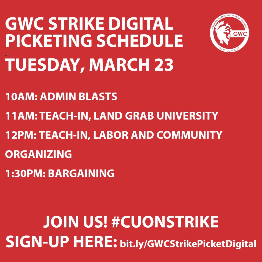 SW_Columbia's tweet photo. Join us for our in-person or digital picket line today, everyone is welcome to join! Day 9 of #CUonStrike 

In-person: https://t.co/ii6gl2q2eX
Digital: https://t.co/ItgCKaEOl4 https://t.co/1LLRTJP7i2