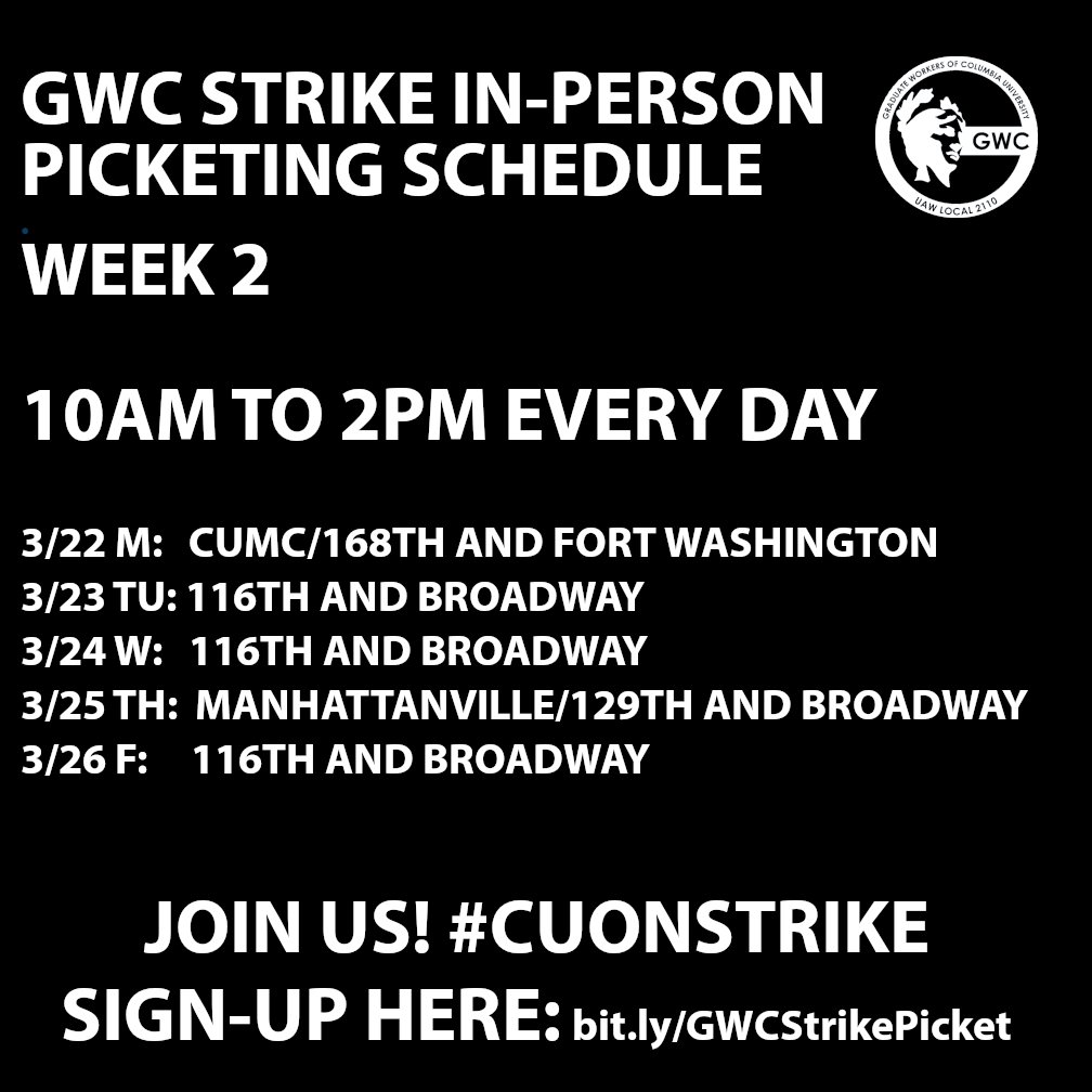 SW_Columbia's tweet photo. Join us for our in-person or digital picket line today, everyone is welcome to join! Day 9 of #CUonStrike 

In-person: https://t.co/ii6gl2q2eX
Digital: https://t.co/ItgCKaEOl4 https://t.co/1LLRTJP7i2