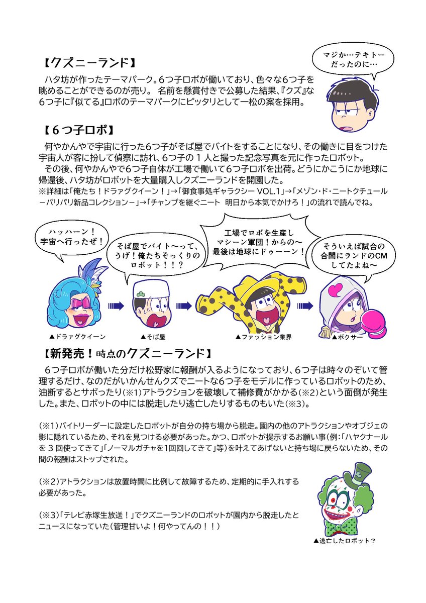 #へそのしおり
一枚目:アトラクションストーリー一覧(ガチャ排出分のみ 2021/3/23現在)
二枚目:クズニーランド・6つ子ロボ・「新発売!」までのクズニーランドについて。
三枚目:「元祖!」からのクズニーランド・エモタイト・ファイ突について。 https://t.co/eUdTanTBnX