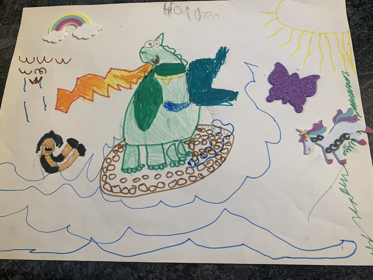 Sammygirl1112's tweet photo. @MrsGellert ‘My fire breathing dragon. It has friends. Merman is one, the genie is one! And the unicorn is one!’ Thanks for the mythical creature assignment! He loved it! #FDKfun https://t.co/qJjMoASC4M