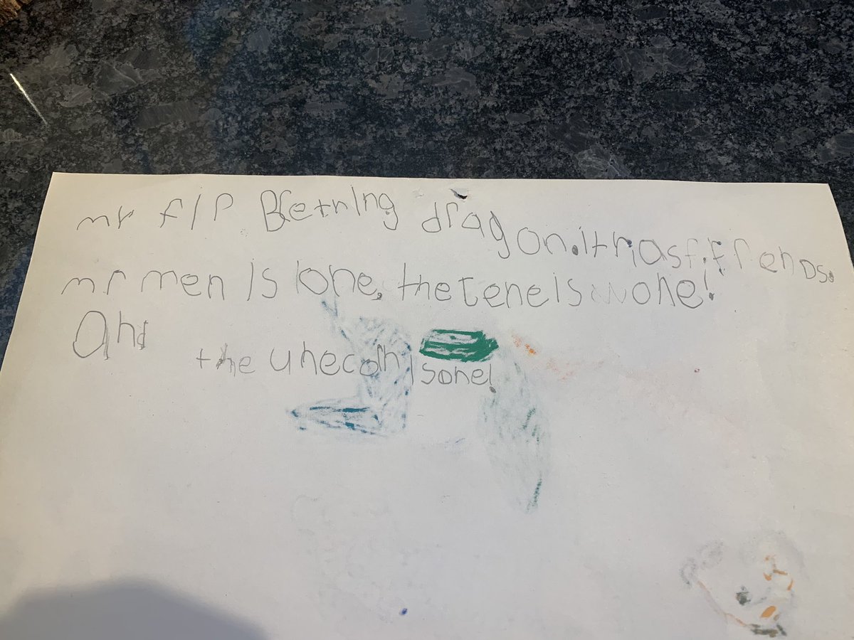 Sammygirl1112's tweet photo. @MrsGellert ‘My fire breathing dragon. It has friends. Merman is one, the genie is one! And the unicorn is one!’ Thanks for the mythical creature assignment! He loved it! #FDKfun https://t.co/qJjMoASC4M