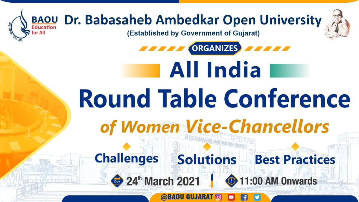 BAOUGujarat's tweet photo. DR.BAOU is organizing All India Round Table Conference of Women Vice Chancellors tomorrow in the chairpersonship of Hon'ble Vice Chancellor, @ProfAmiUpadhyay.

@narendramodi @DrRPNishank @EduMinOfIndia @vijayrupanibjp @vijayrupanibjp @ADevvrat @imBhupendrasinh @vibhavaridave https://t.co/aaLBhCdBId