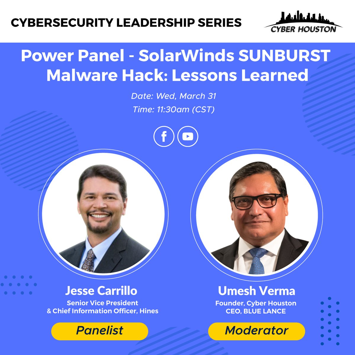 Join us March 31 @ 11:30am CT   
Live Power Panel-SolarWinds SUNBURST Malware Hack: Lessons Learned

Speaker <a href="/jcarrillo65/">Jesse Carrillo</a>  &amp; Host <a href="/UmeshVermaNum1/">Umesh Verma</a> 

Register 4 free: ow.ly/Gp4S50E2KMN

Watch here 
ow.ly/kTaC50E2KMO

#cyberhouston  #cybersecurity #ransomware  #malware