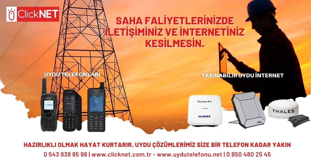 Saha Faaliyetlerinizde iletişiminiz ve internetiniz Kesilmesin Her yerde kullanabileceğiniz ekonomik çözümler sunuyoruz. Size bir telefon kadar yakınız.
uydutelefonu.net #clicknet #uydutelefonu #Thuraya #iridium #inmarsat #Bganterminal #elektrikdağıtımşirketi