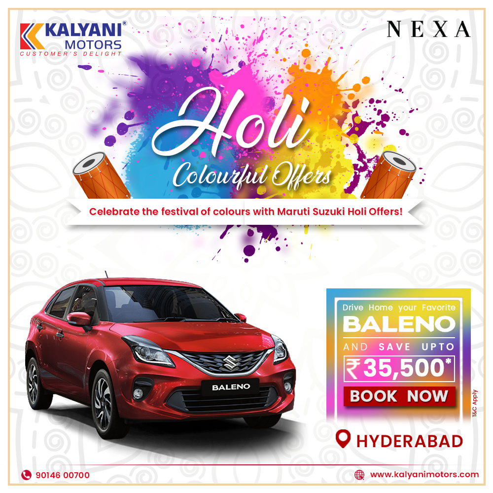 KalyaniMotors's tweet image. Get amazing offers and enjoy the festive spirit and colourful Holi with Maruti Suzuki. Book now from Kalyani Motors Hyderabad and avail exciting Save Upto Holi offers. kalyanimotors.com
#saveupto #marchcaroffers #buynewcar #marutisuzuki #NEXA #Hyderabad  #KalyaniMotors