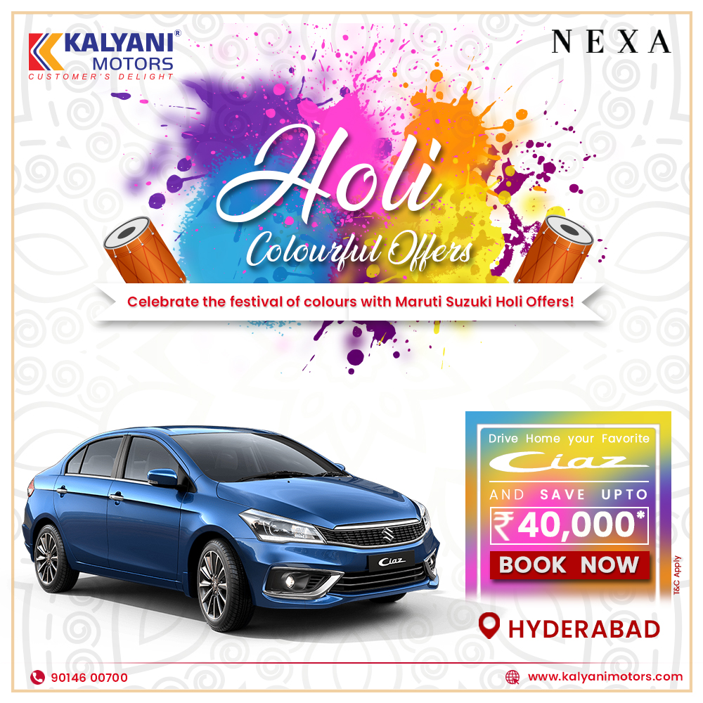 KalyaniMotors's tweet image. Get amazing offers and enjoy the festive spirit and colourful Holi with Maruti Suzuki. Book now from Kalyani Motors Hyderabad and avail exciting Save Upto Holi offers. kalyanimotors.com
#saveupto #marchcaroffers #buynewcar #marutisuzuki #NEXA #Hyderabad  #KalyaniMotors