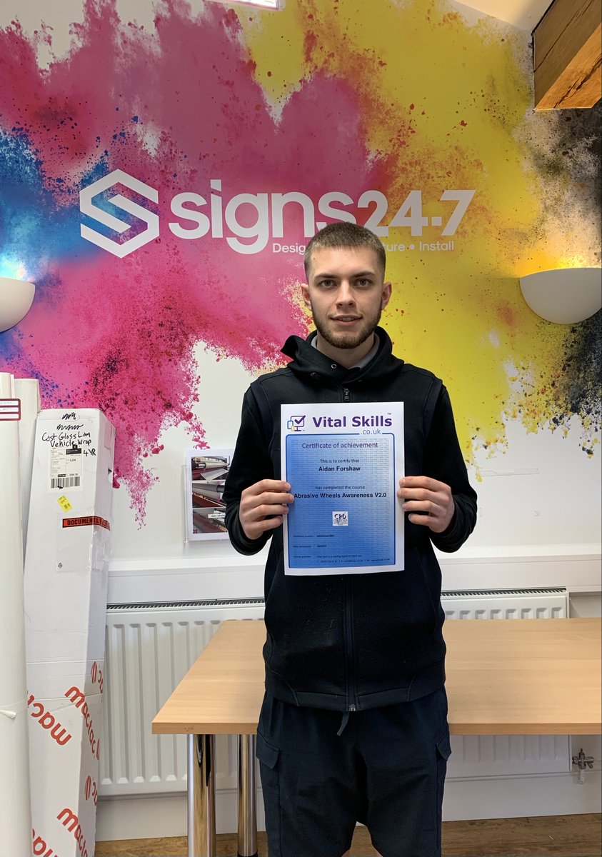 Aidan, our head installer, has just passed his abrasive wheels course! 🎉 

Here at Signs 24-7, keeping our team up to date on the latest Health &amp; Safety requirements is one of our top priorities 🙌🏻

#healthandsafety #installation #signage #abrasivewheels