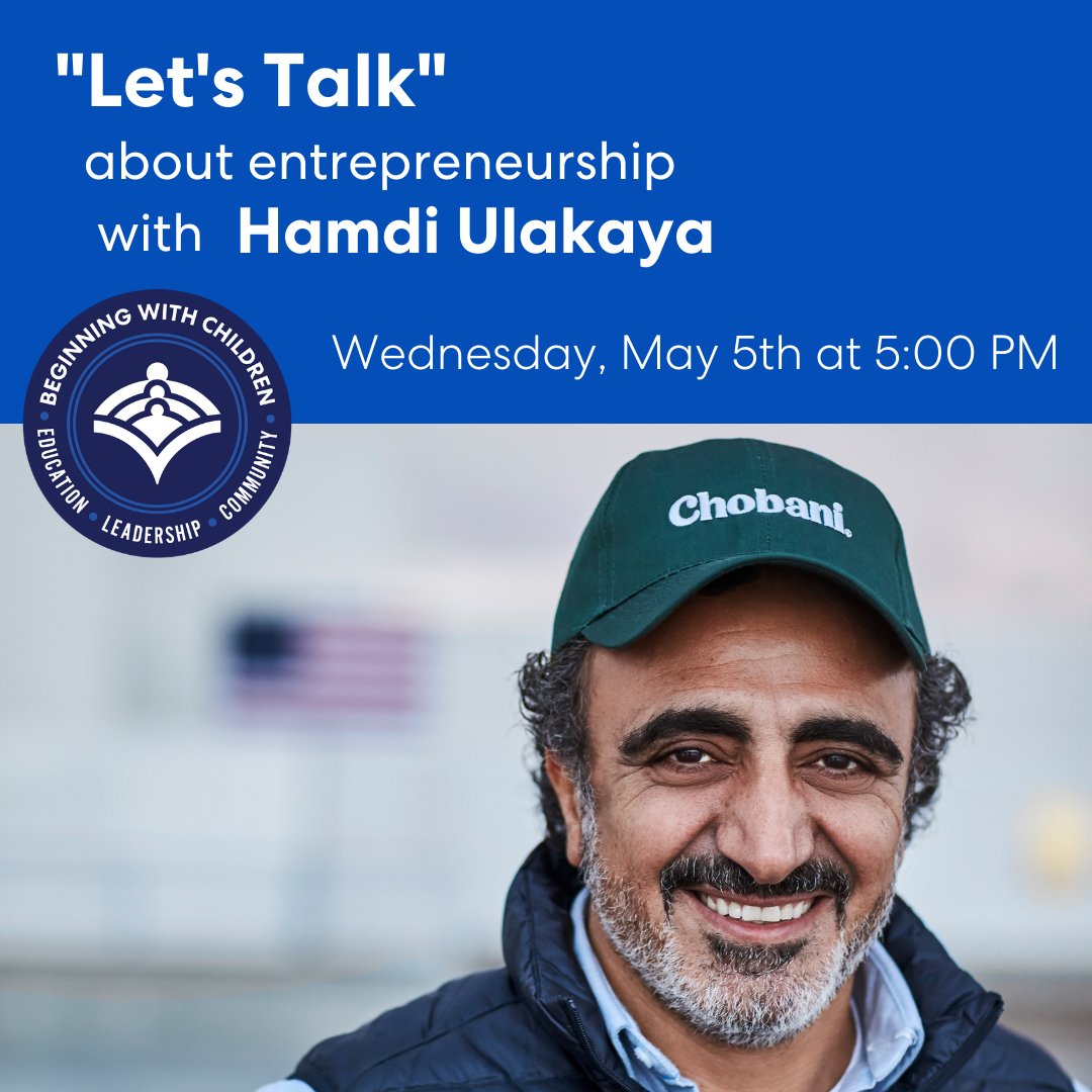 Our first “Let’s Talk” conversation is with Hamdi Ulukaya, Founder &amp; CEO of Chobani! Join us on 5/5 to learn about Hamdi’s journey building the wildly successful and socially responsible, #1 selling Greek Yogurt brand in the U.S! 
#Letstalk #Chobani #education #leadership