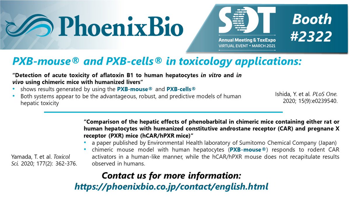 As #2021SOT annual meeting by <a href="/SOToxicology/">Society of Toxicology</a> is getting to its final days, we would like to remind about PXB-mouse® and PXB-cells® in #toxicology applications. Learn more: ow.ly/mmWq50DWn0N, ow.ly/FkJi50DWn0M
#ToxExpo