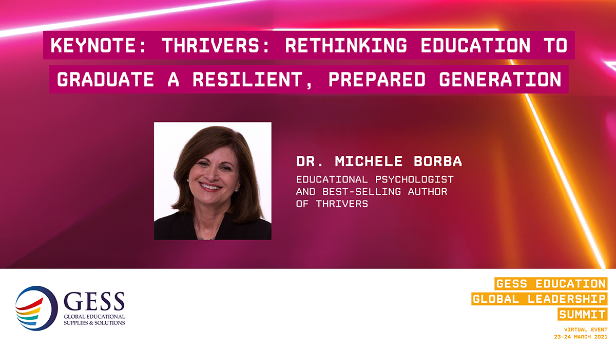 GESSeducation's tweet photo. Join @micheleborba at the #GESSGlobal Summit as she explains why #empathy &amp; #resilience are core whether learning is #digital or in person &amp; why we must rethink #education so our children can thrive in an anxious, uncertain world. 

⌚ 18:30 - 19:00 GST
👉 https://t.co/hwx5gD99dv https://t.co/rpFPN9wdMc