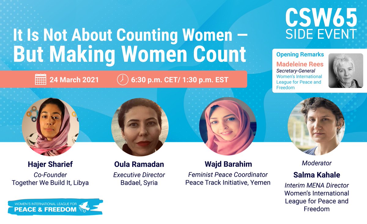 WILPF's tweet photo. Join us tomorrow for #CSW65 parallel event by WILPF #MENA, providing contextual feminist accounts on women’s meaningful participation during conflicts.
Watch the #webinar #live on our FB page.
@UN_CSW @UN_Women @Peace_Track @BadaelSY @TWBI_org #MakingWomenCount #WILPFatCSW65 https://t.co/aeCwUXf2WL