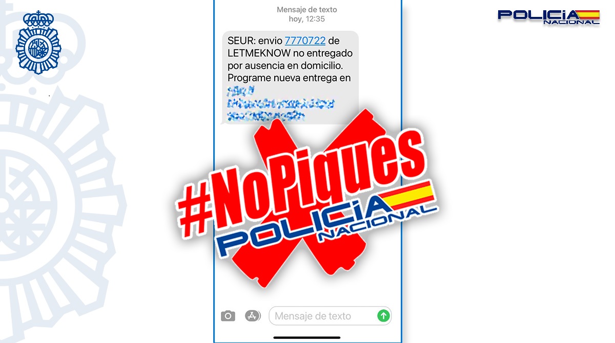 policia's tweet photo. 📣 ALERTA  #phishing 

Recibes un mensaje de SEUR➡ "No entregado por ausencia en domicilio"  

Te piden que programes nueva entrega 

Al pinchar el enlace ➡ pueden robar tus datos, incluirte en una lista de #spam o instalarte un troyano 

#NOPIQUES https://t.co/GQZfXQSnZN