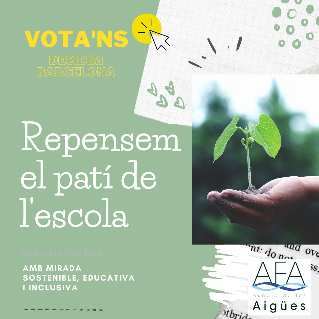 AFA_DeLesAigues's tweet photo. 📣Famílies, veïns i veïnes NECESSITEM el vostre suport 💚 La comunitat educativa de l'@escdelesaigues hem presentat el projecte "Repensem el pati; amb mirada sostenible, educativa i inclusiva" i necessitem que ens voteu en el següent enllaç https://t.co/v1flKrd07L  
#SomLesAigües https://t.co/5XO4FyM5Az