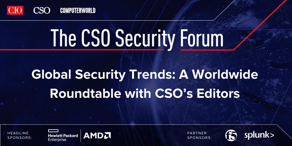 Get an holistic view of worldwide security trends from CSO's global editorial team, as they discuss the biggest data security trends and how you can overcome them. Register here: buff.ly/3cIngQb #CSOSecurityForum2021 #cybersecurity #CISO #CSO