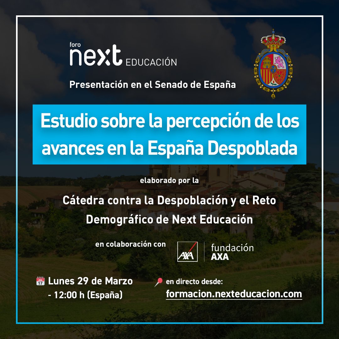 Nextibs's tweet photo. 📣Presentación en @Senadoesp del 'Estudio sobre la percepción de los avances en #EspañaDespoblada'  

Con @Teresaribera @pilar_llop @TeruelExiste_ @SoriaYa @jovenes_CyL @ManuelBaltar @Juderias y muchos más

📅Lunes 29 marzo - 12h

👉Más info https://t.co/JF3xmGaOmR @FundacionAXA https://t.co/603eeG276a