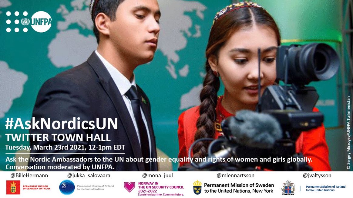 Happy #NordicDay!

Joins today for a Nordic Twitter Town Hall with our @UN Ambassadors & @UNFPA

📅Tue, March 23
⏰12-1pm EDT

Use #AskNordicsUN to ask them about #GenderEquality & #WomensRights ⤵️

🇮🇸@jvaltysson
🇩🇰@BilleHermann
🇫🇮@jukka_salovaara
🇳🇴@mona_juul
🇸🇪@mlennartsson